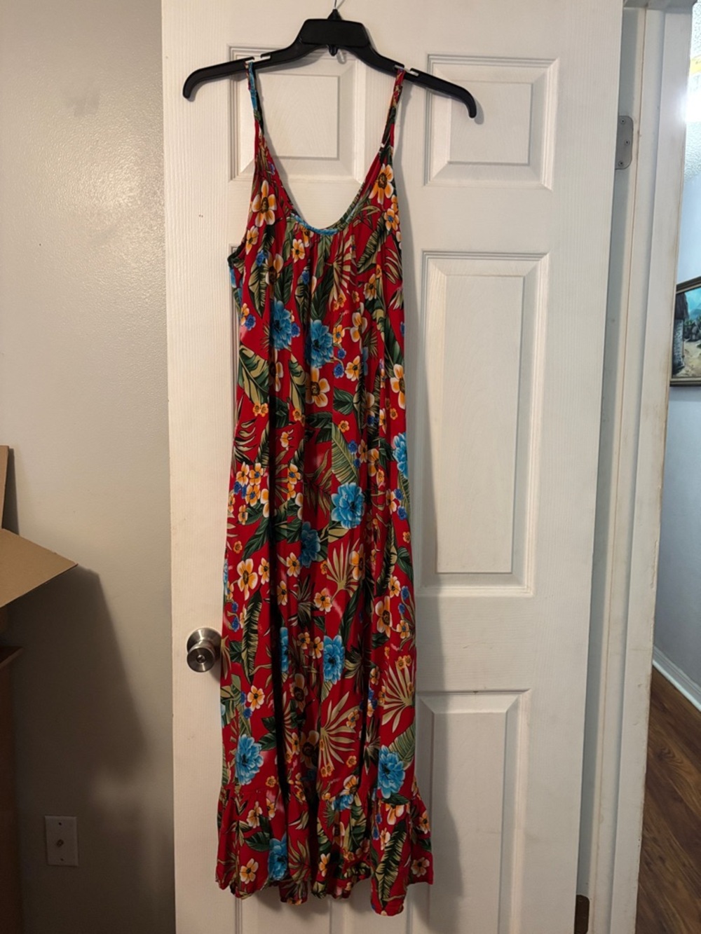 Vibrant Red Floral Maxi Dress with Spaghetti Straps